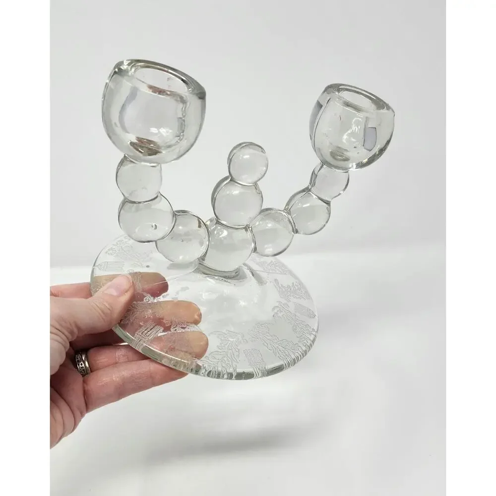 Vintage Double Candlestick Holder | Paden City Glass Co | Etched Floral Base